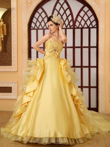 Special Organza Strapless Dress for Quinceanera in Yellow with Beading