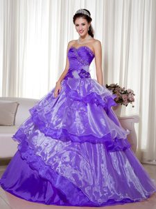 Purple Taffeta and Organza Beaded Quince Dresses with Hand Made Flower