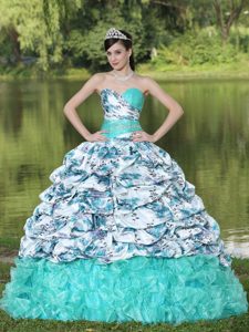 Colorful Printed Organza Beaded Ruffled 2013 Quince Dress with Pick-ups