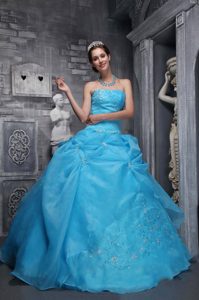 Beautiful Strapless Appliqued Quinceanera Gown Dresses in Aqua Blue