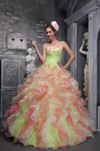 Lovely Taffeta and Organza Multicolor Quince Dresses with Hand Flowers