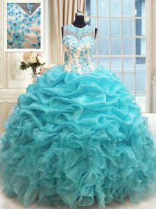 Stunning Scoop Sleeveless Floor Length Appliques and Ruffles and Pick Ups Zipper Sweet 16 Dress with Aqua Blue