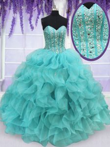 Enchanting Aqua Blue Ball Gowns Beading and Ruffles Sweet 16 Dress Lace Up Organza Sleeveless Floor Length