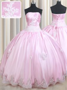 Sweet Baby Pink Strapless Lace Up Appliques Quinceanera Dresses Sleeveless