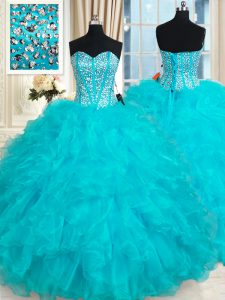 Pretty Aqua Blue Sleeveless Beading and Ruffles Floor Length 15th Birthday Dress
