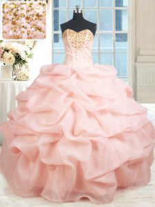 Cheap Floor Length Lace Up Quinceanera Dress Baby Pink for Prom and Military Ball and Sweet 16 and Quinceanera with Beading and Embroidery and Pick Ups