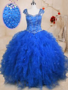 Simple Straps Blue Tulle Lace Up Quinceanera Gown Cap Sleeves Floor Length Beading and Ruffles