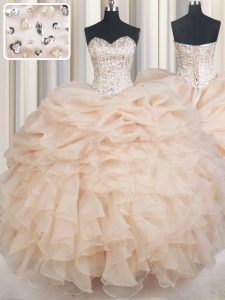 Sexy Champagne Sweetheart Neckline Beading and Ruffles and Pick Ups Sweet 16 Quinceanera Dress Sleeveless Lace Up