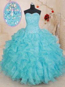 Low Price Aqua Blue Ball Gowns Sweetheart Sleeveless Organza Floor Length Lace Up Beading and Ruffles 15 Quinceanera Dress