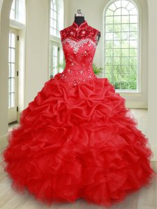 Excellent See Through Red Organza Lace Up Vestidos de Quinceanera Sleeveless Floor Length Beading and Ruffles and Pick Ups