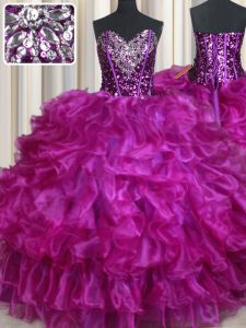 Purple Lace Up Sweetheart Beading and Ruffles and Sequins Quinceanera Gowns Organza Sleeveless