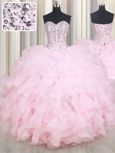 Super Baby Pink Organza Lace Up Sweetheart Sleeveless Floor Length Quinceanera Gowns Beading and Ruffles