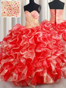 Trendy Multi-color Ball Gowns Beading and Ruffles Ball Gown Prom Dress Lace Up Organza Sleeveless Floor Length