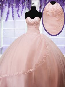 Baby Pink Ball Gowns Beading and Appliques Sweet 16 Quinceanera Dress Lace Up Tulle Sleeveless Floor Length