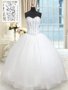 Clearance White Ball Gown Prom Dress Military Ball and Sweet 16 and Quinceanera with Beading and Ruffled Layers and Sequins Sweetheart Sleeveless Lace Up