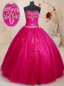 Attractive Beading and Sequins Quinceanera Gowns Fuchsia Lace Up Sleeveless Floor Length
