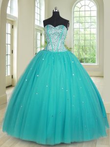 Admirable Aqua Blue Lace Up Sweetheart Beading Quinceanera Gowns Tulle Sleeveless