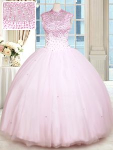 Floor Length Baby Pink Quinceanera Dress Satin and Tulle Sleeveless Beading