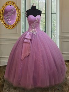 Great Sleeveless Floor Length Beading and Belt Lace Up 15 Quinceanera Dress with Lilac