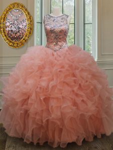 On Sale Scoop See Through Sleeveless Floor Length Beading and Ruffles Lace Up 15th Birthday Dress with Peach