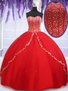 Stylish Sweetheart Sleeveless Lace Up Sweet 16 Quinceanera Dress Red Tulle