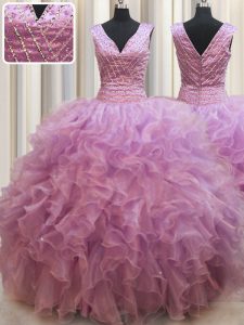 Enchanting Organza V-neck Sleeveless Lace Up Beading Vestidos de Quinceanera in Lilac