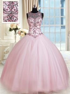 Free and Easy Scoop Baby Pink Lace Up Quince Ball Gowns Beading Sleeveless Floor Length