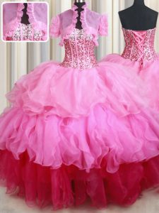 Rose Pink Organza Lace Up 15th Birthday Dress Sleeveless Floor Length Ruffles and Sequins