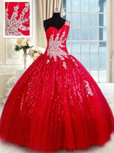 One Shoulder Sleeveless Lace Up Floor Length Beading and Appliques Sweet 16 Dress