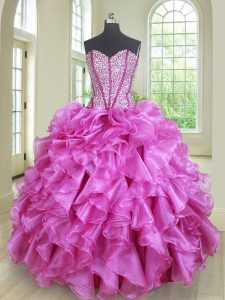 Lilac Ball Gowns Sweetheart Sleeveless Organza Floor Length Lace Up Beading and Ruffles Vestidos de Quinceanera