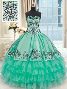 Sweetheart Sleeveless Sweet 16 Dresses Floor Length Embroidery and Ruffled Layers Turquoise Organza and Taffeta