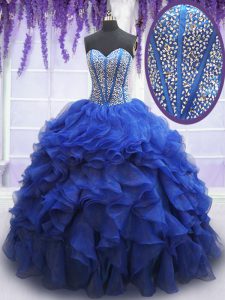 Attractive Royal Blue Ball Gowns Beading and Ruffles Sweet 16 Dresses Lace Up Organza Sleeveless Floor Length