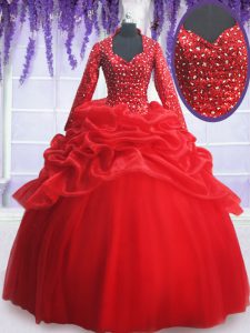 Floor Length Red Quinceanera Gown Organza and Tulle Long Sleeves Beading and Sequins and Pick Ups