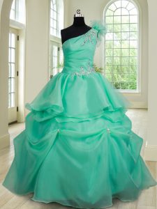 Turquoise Lace Up One Shoulder Beading and Hand Made Flower Sweet 16 Quinceanera Dress Organza Sleeveless