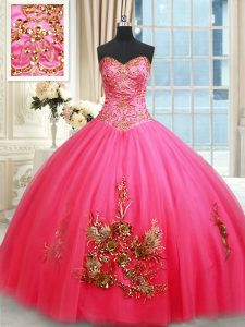 Simple Sleeveless Tulle Floor Length Lace Up Sweet 16 Dresses in Hot Pink with Beading and Appliques