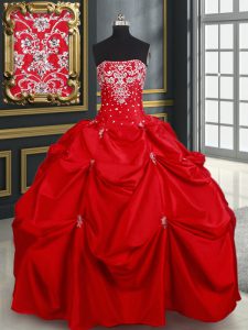 Chic Red Ball Gowns Beading and Pick Ups Quinceanera Gown Lace Up Taffeta Sleeveless Floor Length