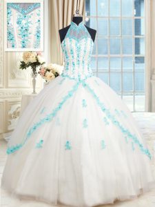 Suitable Halter Top White Ball Gowns Beading and Appliques Quinceanera Dresses Lace Up Tulle Sleeveless Floor Length