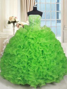 Glittering Strapless Sleeveless 15th Birthday Dress Floor Length Beading and Ruffles Organza