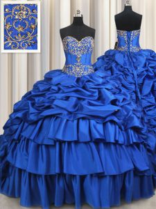 Sweetheart Sleeveless Taffeta Quinceanera Gowns Beading and Ruffled Layers and Pick Ups Brush Train Lace Up