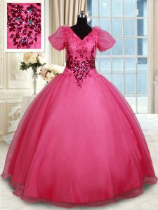 Coral Red Organza Lace Up V-neck Short Sleeves Floor Length Quinceanera Gown Beading