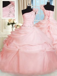 Elegant One Shoulder Pink Sleeveless Floor Length Beading and Hand Made Flower Lace Up Quinceanera Dresses