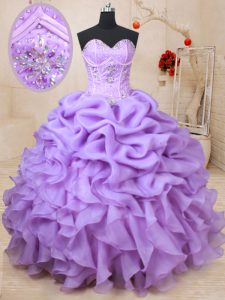 Sophisticated Floor Length Lavender Sweet 16 Dress Organza Sleeveless Beading and Ruffles and Pick Ups