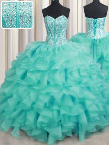 Suitable Turquoise Lace Up Sweetheart Beading and Ruffles Quince Ball Gowns Organza Sleeveless