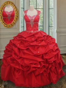 Straps Cap Sleeves Floor Length Lace Up Quinceanera Gown Red for Military Ball and Sweet 16 and Quinceanera with Beading and Pick Ups