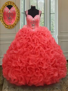 Eye-catching Coral Red Quinceanera Gowns Military Ball and Sweet 16 and Quinceanera with Beading Straps Sleeveless Zipper