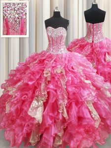 Floor Length Lace Up Ball Gown Prom Dress Hot Pink for Military Ball and Sweet 16 and Quinceanera with Beading and Ruffles and Sequins