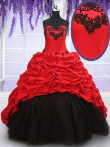 Luxury Pick Ups Brush Train Ball Gowns 15 Quinceanera Dress Red And Black Sweetheart Organza and Taffeta Sleeveless With Train Lace Up