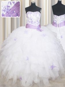 Custom Designed White Tulle Lace Up 15 Quinceanera Dress Sleeveless Floor Length Beading and Ruffles and Belt