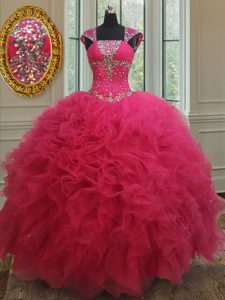 Ball Gowns 15th Birthday Dress Hot Pink Square Tulle Cap Sleeves Floor Length Lace Up