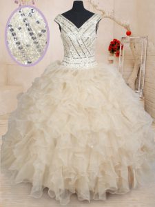 Organza V-neck Cap Sleeves Zipper Beading and Ruffles and Sequins Sweet 16 Dress in Champagne